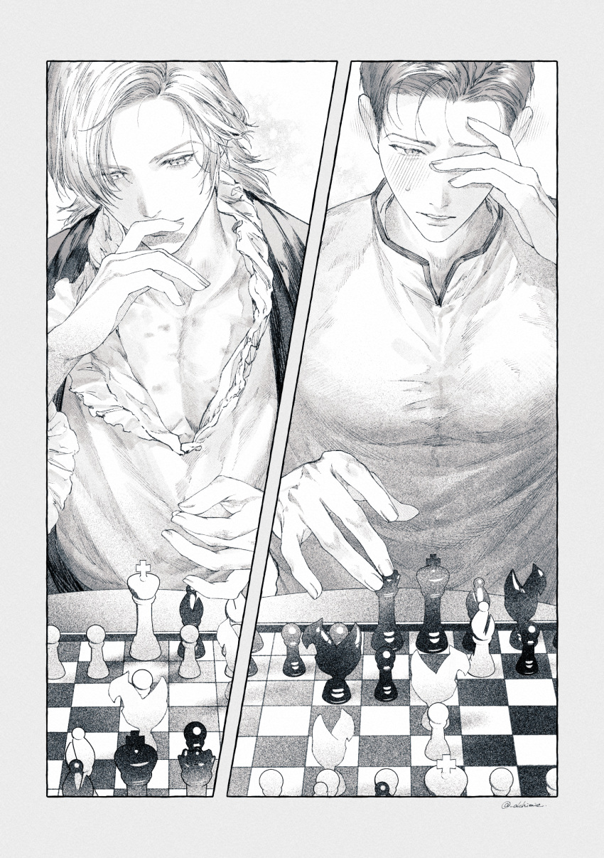2boys alchimie blush board_game bruised_chest chess chocobo dion_lesage final_fantasy final_fantasy_xvi frilled_sleeves frills greyscale hand_over_eye hand_to_own_mouth highres long_sleeves male_focus medium_hair monochrome multiple_boys parted_lips pectorals shirt short_hair sweatdrop swept_bangs terrence_(ff16) upper_body white_shirt
