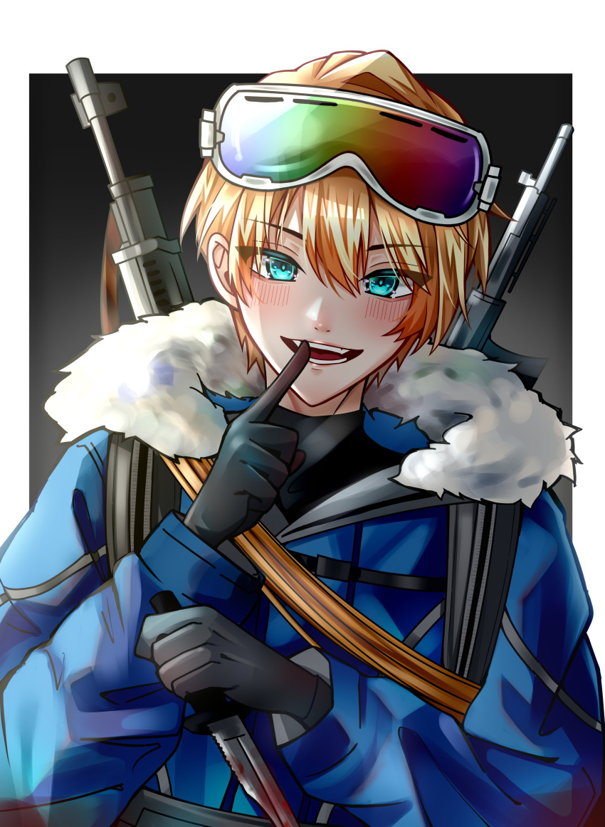 1boy absurdres black_gloves blonde_hair blood blood_on_weapon blue_coat blue_eyes blush border coat facing_viewer finger_to_mouth gloves gradient_background grey_background gun gun_on_back hair_between_eyes highres holding holding_knife holostars itodama kishido_temma knife looking_at_viewer mixed-language_commentary open_mouth short_hair smile solo teeth upper_body virtual_youtuber weapon weapon_on_back white_border winter_clothes winter_coat