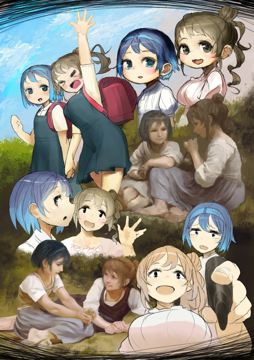 &gt;_&lt; 110100110101101 2girls a_childhood_idyll_(bouguereau) absurdres alternate_costume arm_support arm_up backpack bag black_eyes blue_eyes blue_hair blue_skirt blue_sky blush breasts brown_eyes cevio collage colored_tips commentary_request day dress fine_art_parody foreshortening furrowed_brow grass hair_bun highres holding holding_hands holding_marker large_breasts long_hair long_skirt looking_at_another lying marker multicolored_hair multiple_girls multiple_views on_ground on_side outdoors parody pinafore_dress profile puffy_short_sleeves puffy_sleeves randoseru satou_sasara shirt short_hair short_sleeves side_ponytail single_side_bun sitting skirt sky sleeveless sleeveless_dress smile suzuki_tsudumi the_nut_gatherers_(bouguereau) waving white_dress white_shirt yokozuwari