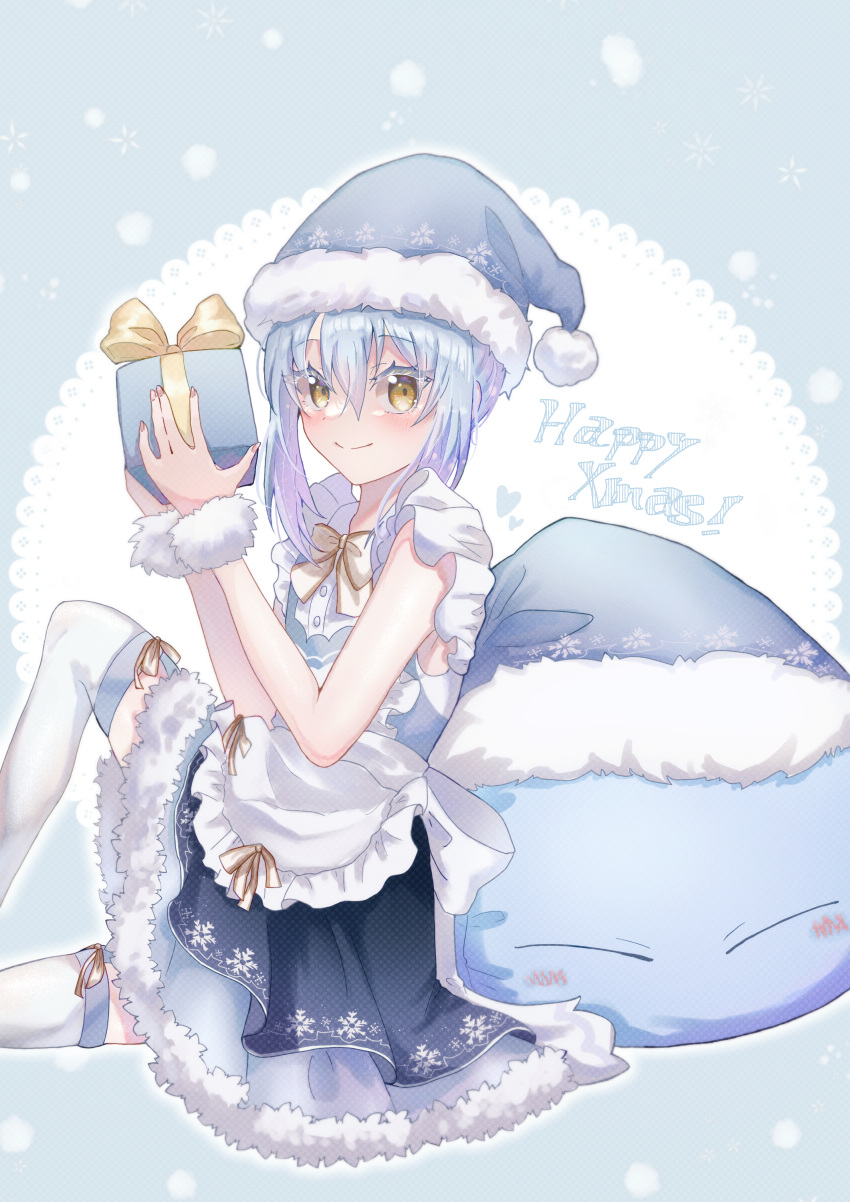 1other absurdres blue_hair blush chocoeiru christmas hat highres maid rimuru_tempest rimuru_tempest_(slime) santa_hat slime_(creature) smile tensei_shitara_slime_datta_ken yellow_eyes