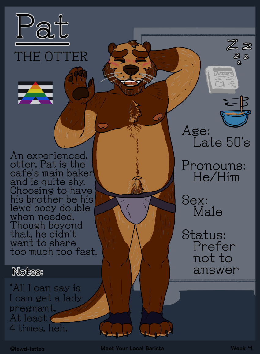 absurd_res anthro beard blush bowl brown_body brown_fur container facial_hair flag fur grey_body grey_fur hi_res jock lewd_latte male mammal model_sheet mustelid newspaper otter solo wave