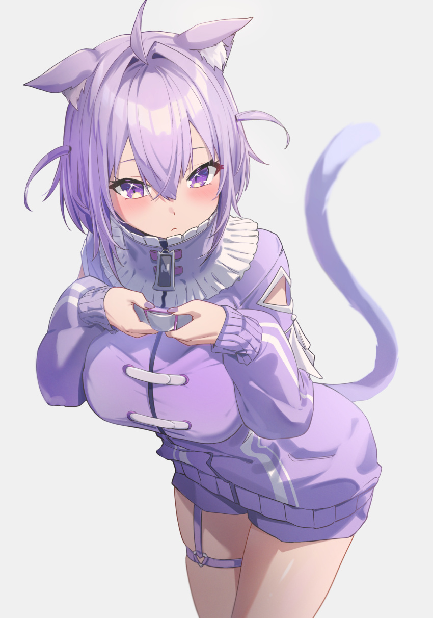 1girl ahoge animal_ear_fluff animal_ears blush breasts cat_ears cat_girl cat_tail closed_mouth commentary cowboy_shot frown grey_background hands_up heart_o-ring highres holding hololive large_breasts leaning_forward long_sleeves looking_at_viewer medium_hair nekomata_okayu purple_eyes purple_nails purple_shirt purple_shorts reulem shirt shorts simple_background solo tail two_side_up virtual_youtuber