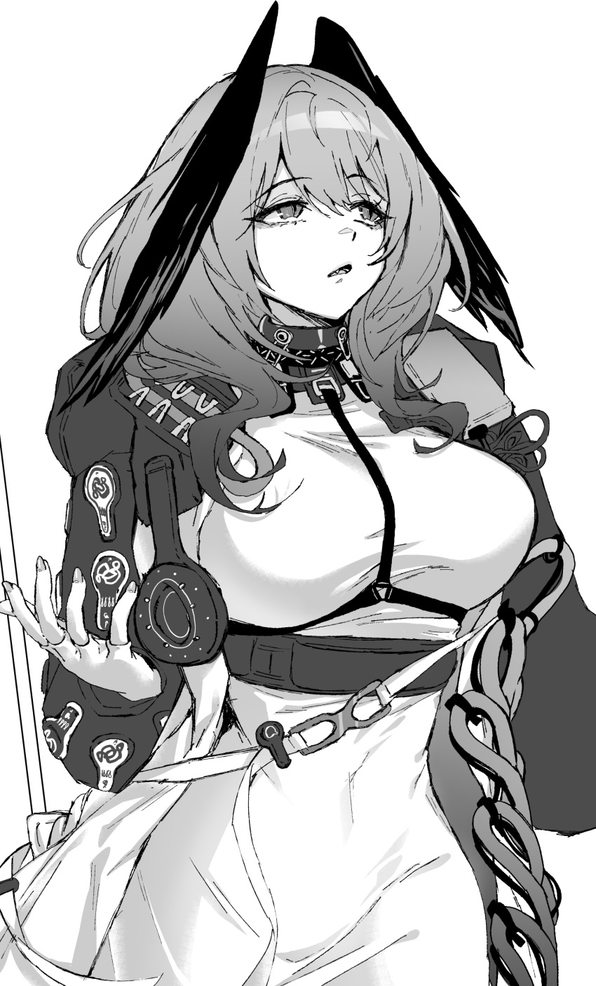 1girl absurdres arknights breasts chest_harness commentary_request covered_navel fingerless_gloves fingernails gloves greyscale hair_between_eyes harness head_wings highres ho'olheyak_(arknights) infection_monitor_(arknights) kaguura_(kagu) large_breasts long_hair monochrome open_mouth sharp_teeth simple_background skin_tight slit_pupils solo teeth white_background wings