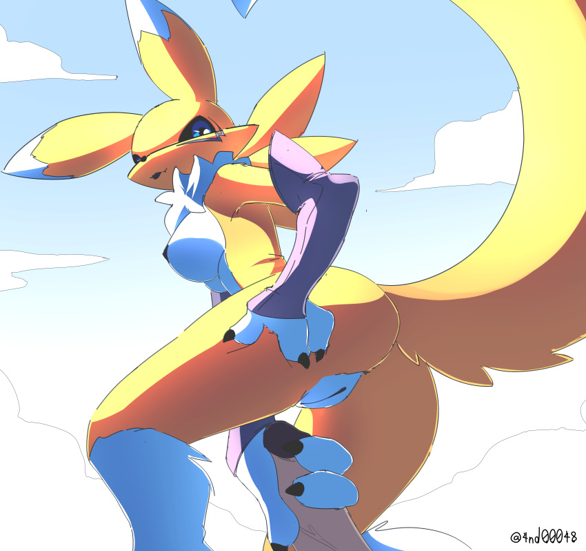 absurd_res ando anthro bandai_namco canid canine cloud digimon digimon_(species) female genitals hi_res low-angle_view mammal penis penis_grab renamon sky solo tongue tongue_out worm's-eye_view