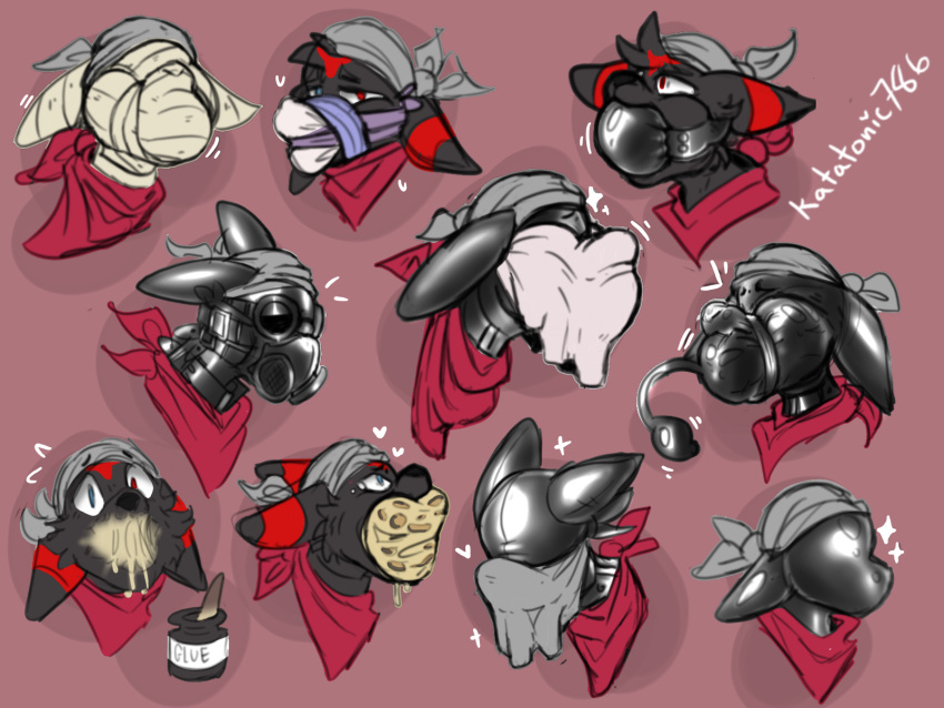 anthro ball_gag bandanna black_body black_fur bodily_fluids fur gag gagging gas_mask glue hi_res inflatable_ball_gag inflatable_gag kerchief latex mask muzzle_(object) oversized_ball_gag questionable_consent sensory_deprivation silveratlas solo solo_focus tears