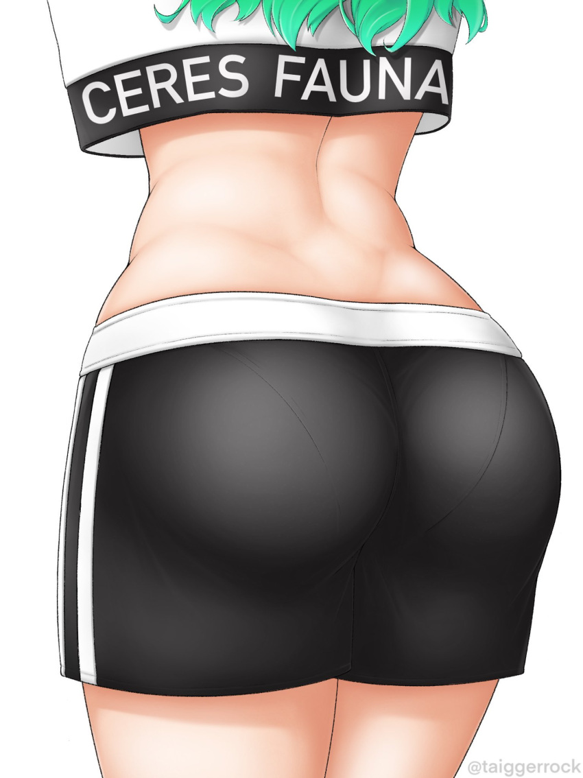 1girl ass ass_focus ceres_fauna close-up clothes_writing coco_(taiggerrock) from_behind green_hair highres hololive hololive_dance_practice_uniform hololive_english official_alternate_costume shirt shorts solo white_background