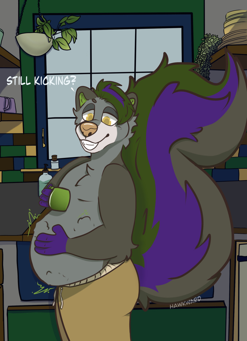 absurd_res anthro belly big_belly big_tail breakfast clothing coffee_mug hawkwardcreations hi_res kyeskunk looking_down male male/male male_pred mammal mephitid predator/prey skunk skunk_tail smile smirk solo squirming story story_in_description tail vore vore_story