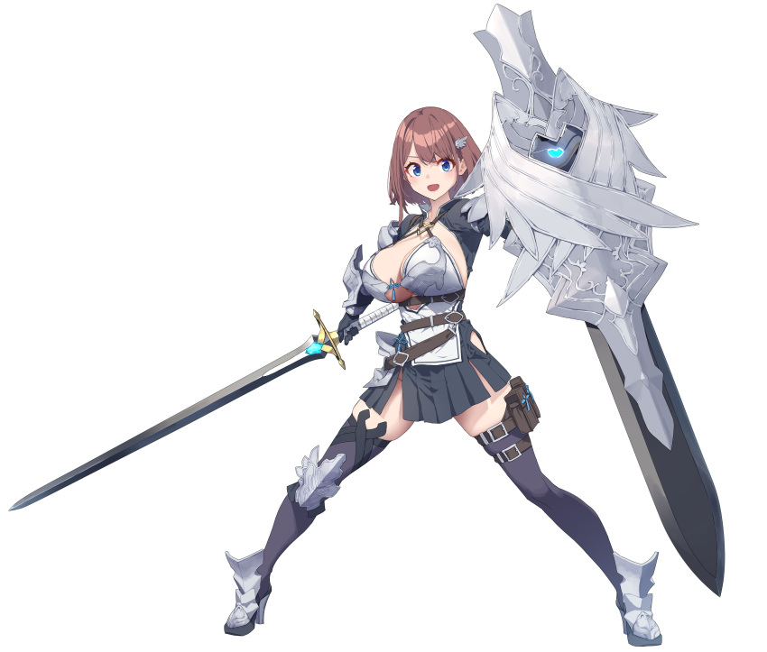 1girl absurdres armor armored_boots baffu black_shrug black_skirt blue_eyes boots breastplate breasts brown_hair cleavage commentary full_body hair_ornament highres hitoyo_(baffu) holding holding_shield holding_sword holding_weapon large_breasts leg_armor looking_at_viewer open_mouth original pleated_skirt shield short_hair simple_background skirt smile solo sword weapon white_background