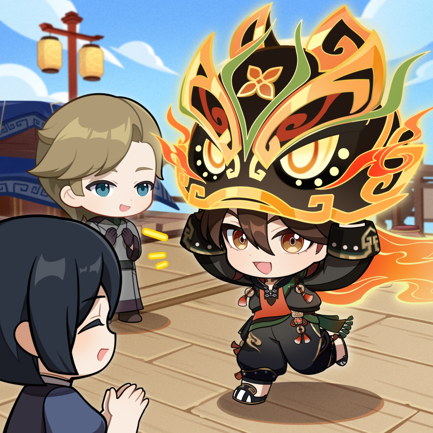 1girl 2boys absurdres black_pants black_sleeves blonde_hair blue_eyes blue_sky brown_eyes brown_hair chibi chinese_clothes clapping closed_eyes cloud day full_body gaming_(genshin_impact) genshin_impact hair_between_eyes highres holding lion_dance multiple_boys official_art open_mouth outdoors pants running short_hair sky solo_focus upper_body