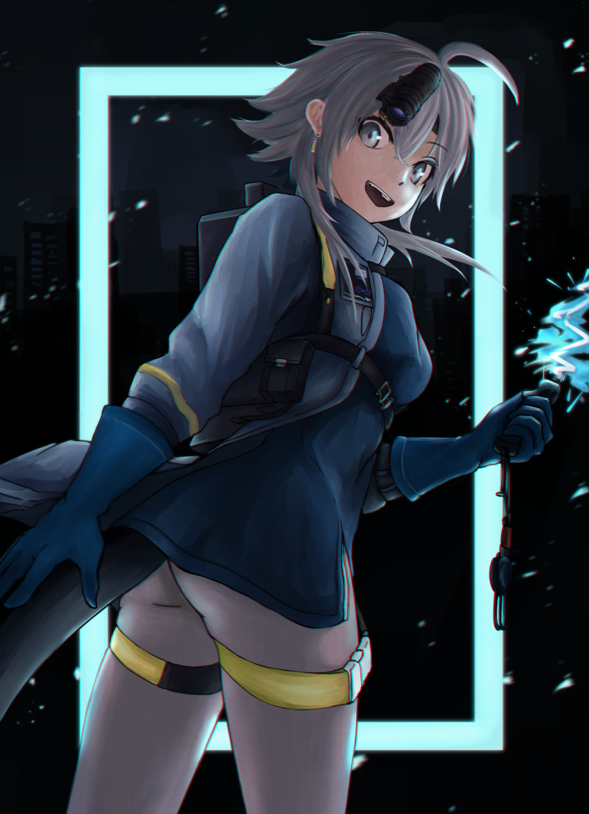 1girl absurdres ahoge arknights ass black_background blue_gloves blue_shirt breasts brown_eyes brown_hair chest_harness cityscape earpiece electricity gloves grey_jacket hair_between_eyes harness highres holding holding_weapon id_card jacket looking_at_viewer mayer_(arknights) mayer_(visionblazer_in_the_courtyard)_(arknights) medium_breasts neon_lights official_alternate_costume open_mouth optical_sight otter_tail shirt short_hair_with_long_locks solo superbeek4 tail taser teeth thigh_strap thighs upper_teeth_only weapon