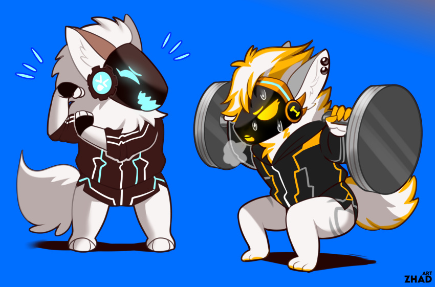 anthro chibi digital_media_(artwork) duo female female/female gym hi_res humor juno_(my_furry_protogen) machine motivational_art piercing protogen protogen_armor protogen_visor simple_background sketch sport tail white_body xena_(my_furry_protogen) zhadart