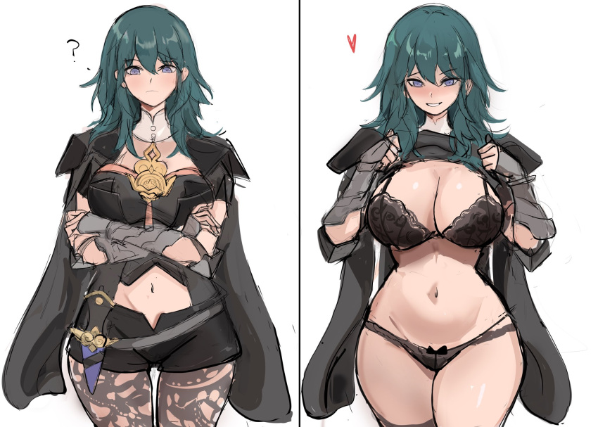 1girl ? black_bra black_cape black_panties blue_eyes blue_hair bra breasts byleth_(female)_(fire_emblem) byleth_(fire_emblem) cape cleavage closed_mouth crossed_arms dark_blue_hair fire_emblem fire_emblem:_three_houses flashing gauntlets green_eyes hair_between_eyes heart highres large_breasts lifted_by_self long_hair looking_at_viewer navel panties pantyhose purple_eyes rakeemspoon simple_background smile split_screen standing underwear white_background