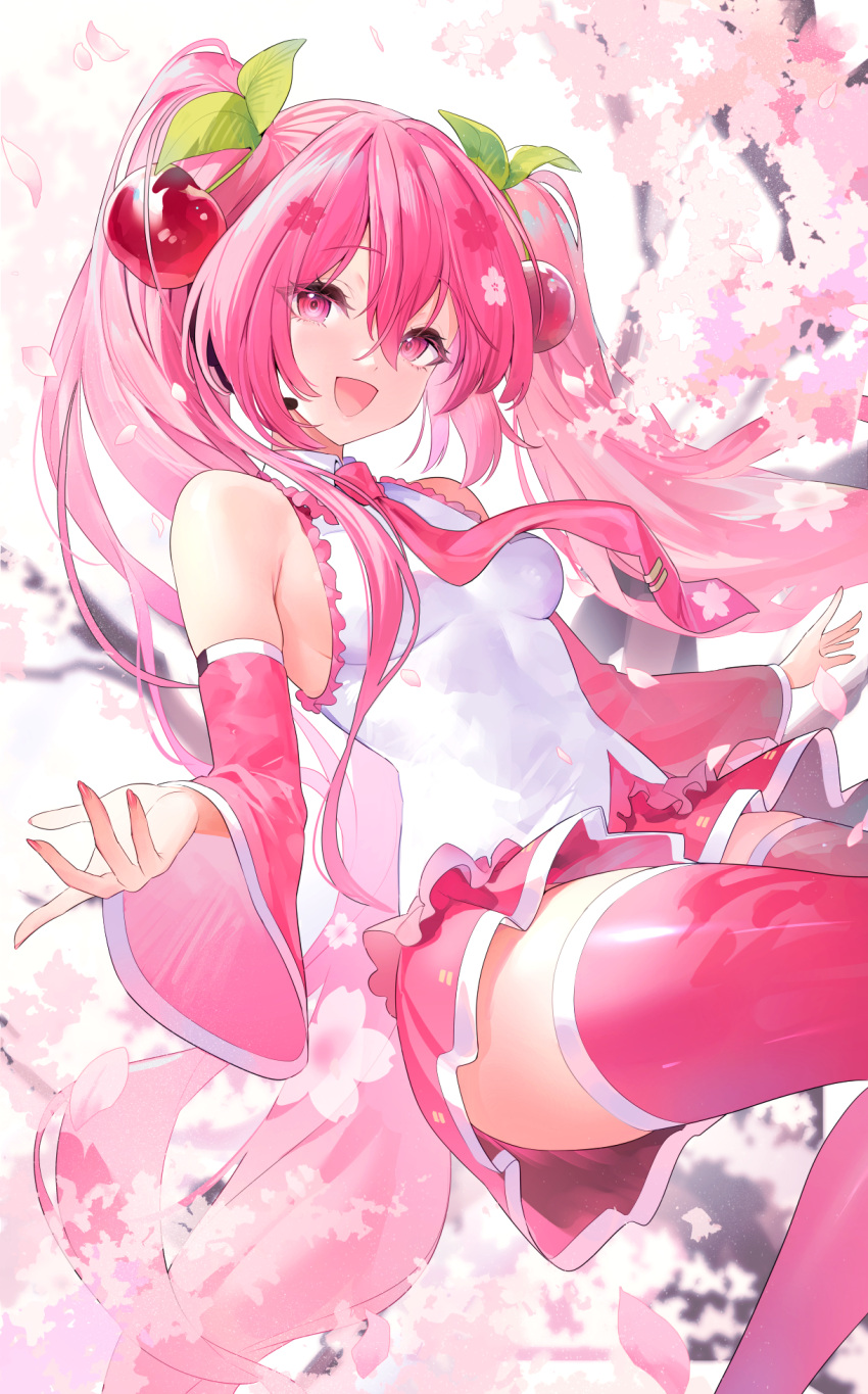 1girl armpit_peek cherry_blossom_background cherry_blossom_print cherry_blossoms cherry_hair_ornament commentary floral_print food-themed_hair_ornament frilled_shirt frills hair_between_eyes hair_ornament hatsune_miku highres hoojiro leaf_hair_ornament long_hair looking_at_viewer necktie open_mouth pink_eyes pink_hair pink_necktie pink_skirt pink_sleeves pink_theme pink_thighhighs sakura_miku shirt skirt smile solo thighhighs twintails vocaloid white_shirt