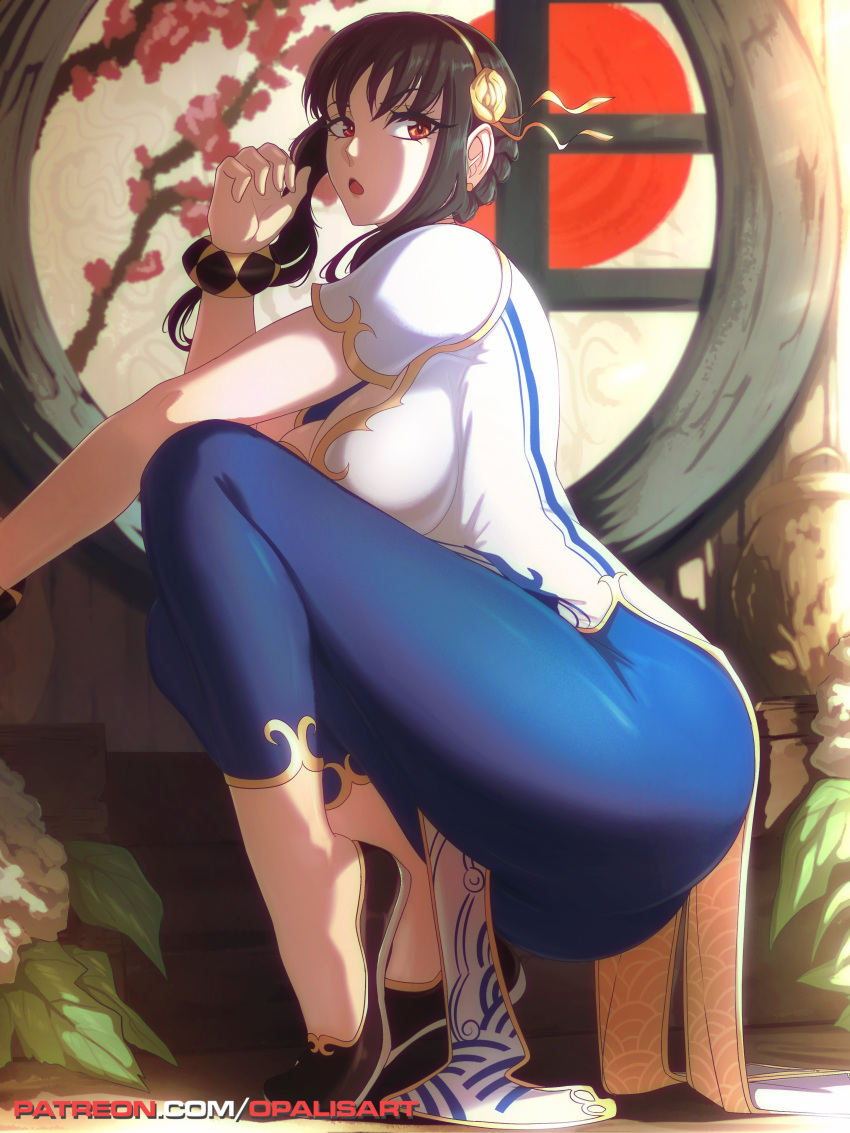 1girl absurdres black_hair bracelet breasts chinese_clothes chun-li chun-li_(cosplay) cosplay dress earrings hairband highres indoors jewelry large_breasts long_hair looking_at_viewer opalis open_mouth pants pelvic_curtain puffy_short_sleeves puffy_sleeves red_eyes short_sleeves sidelocks solo spy_x_family squatting street_fighter street_fighter_6 thighs yor_briar