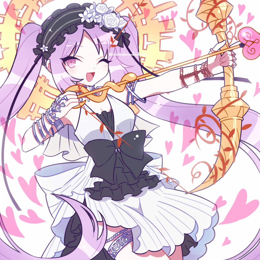 1girl ;d armlet arrow_(projectile) artist_name bangle black_bow bow bow_(weapon) bracelet commentary_request cowboy_shot dadadanoda drawing_bow dress euryale_(fate) euryale_(third_ascension)_(fate) fate/grand_order fate/hollow_ataraxia fate_(series) flower_hairband frilled_hairband frills hairband hands_up heart highres holding holding_bow_(weapon) holding_weapon jewelry layered_dress long_hair looking_at_viewer multiple_bracelets neck_ring necklace one_eye_closed open_mouth partial_commentary purple_eyes purple_hair side_slit sidelocks simple_background smile solo thighlet twitter_username very_long_hair weapon white_background white_dress