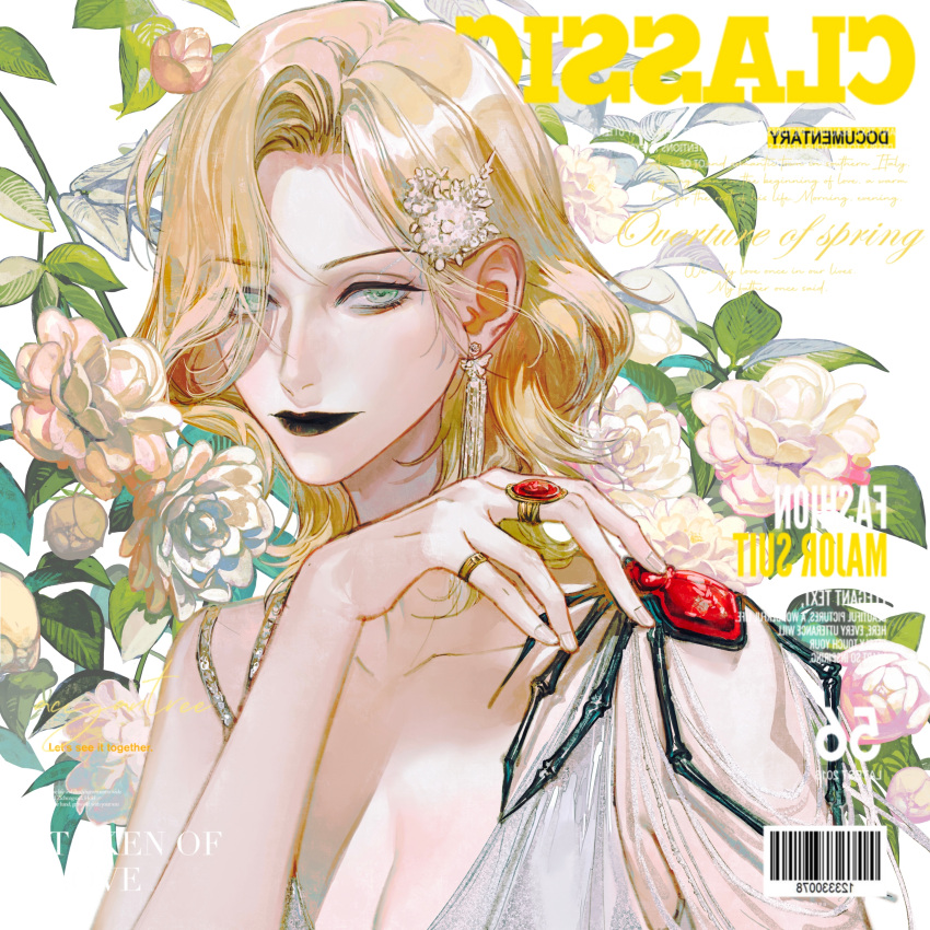 1girl absurdres acyantree barcode bare_arms black_lips blonde_hair breasts cleavage collarbone cover dangle_earrings dress earrings eyeliner fake_magazine_cover flower flower_request forehead gem green_eyes hair_over_one_eye hand_up highres jewelry langley_(path_to_nowhere) leaf light_smile looking_at_viewer magazine_cover makeup medium_hair mirrored_text official_alternate_costume one_eye_covered path_to_nowhere red_gemstone ring sleeveless sleeveless_dress solo spider_ornament upper_body wavy_hair white_dress white_flower