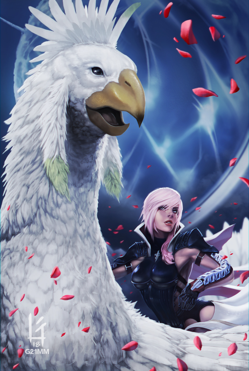 1girl armor artist_name asymmetrical_hair beak black_gloves breastplate chocobo feathers final_fantasy final_fantasy_xiii g21mm gloves highres lightning_farron lightning_returns:_final_fantasy_xiii parted_lips petals pink_hair popped_collar riding rose_petals shoulder_armor toned