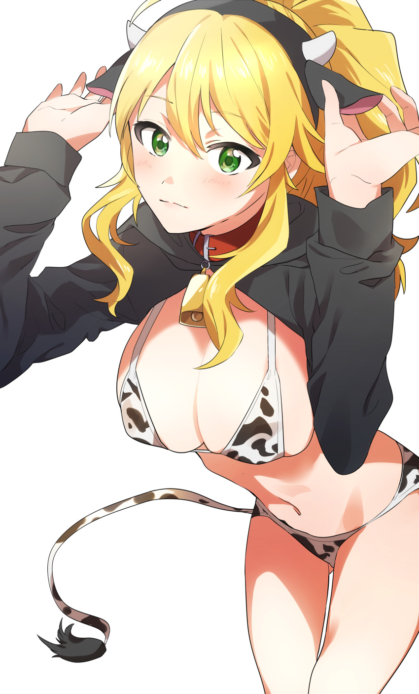 1girl absurdres ahoge animal_ears animal_print arms_up bell belt_collar bikini black_jacket blonde_hair blush breasts cleavage closed_mouth collar cow_ears cow_horns cow_print cow_print_bikini cow_tail cowbell cowboy_shot fake_animal_ears fake_horns fake_tail green_eyes highres horns hoshii_miki idolmaster idolmaster_(classic) idolmaster_million_live! idolmaster_million_live!_theater_days jacket katsu_(kana) large_breasts long_hair long_sleeves looking_at_viewer navel neck_bell print_bikini simple_background solo standing swimsuit tail white_background