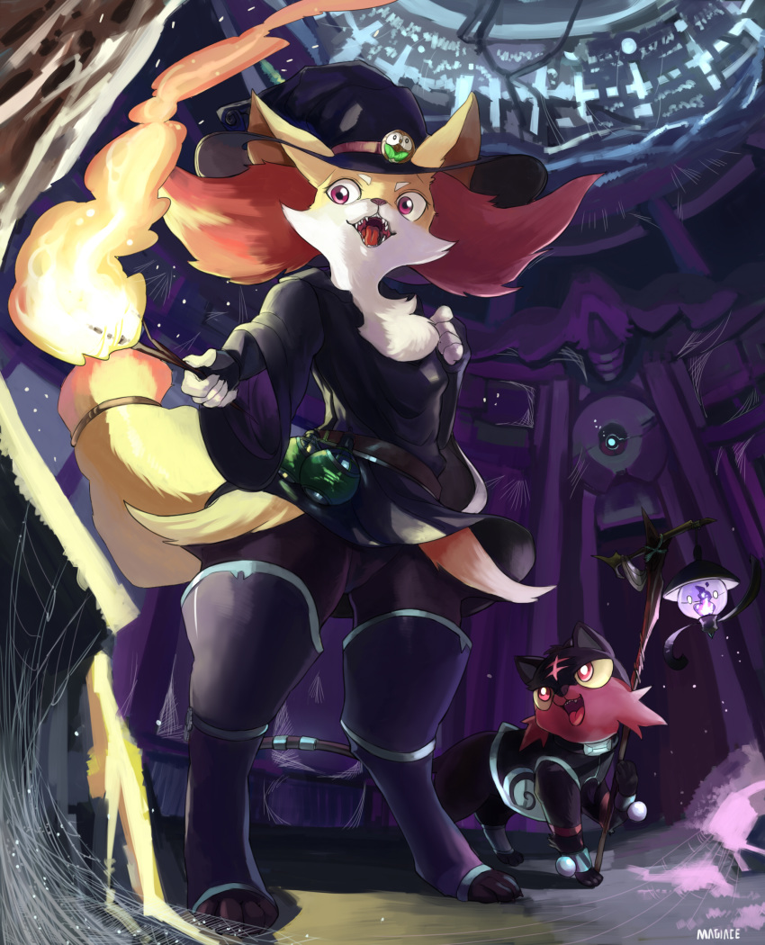 absurd_res ambiguous_gender anthro armor black_body black_fur braixen breasts canid cheek_tuft chest_tuft clothed clothing elemental_manipulation facial_tuft felid feline female feral feral_armor fire fire_manipulation fully_clothed fur furgonomics group hat headgear headwear hi_res inner_ear_fluff inside lampent larger_anthro legwear litten looking_at_another magiace magic magic_user mammal multicolored_body multicolored_fur nintendo open_mouth pok&eacute;mon pok&eacute;mon_(species) potion red_body red_eyes red_fur robe sharp_teeth size_difference smaller_feral standing teeth tongue tuft two_tone_body two_tone_fur video_games wand white_body white_fur white_pupils witch witch_hat yellow_body yellow_fur yellow_sclera