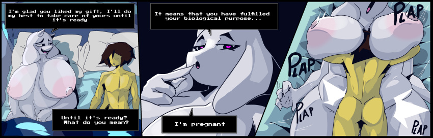 &lt;3 &lt;3_eyes absurd_res anthro big_breasts big_butt bovid breasts butt caprine colored comic deltarune duo fattmana female goat hi_res human humanoid kris_(deltarune) larger_female male male/female mammal size_difference thick_thighs toriel undertale undertale_(series) yellow_body