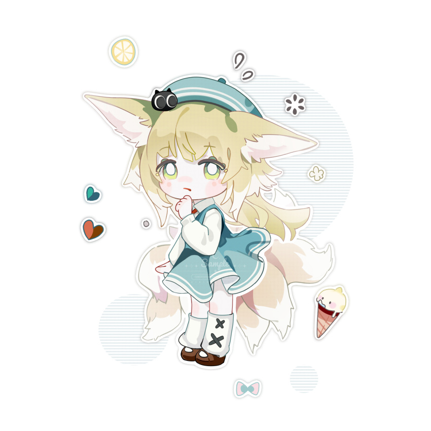 20000212open alternate_costume animal_ear_fluff animal_ears arknights beret blonde_hair blue_dress blue_headwear blush bright_pupils brown_footwear chibi chinese_commentary collared_shirt colored_tips commentary_request creature_on_head crossover dress flying_sweatdrops food fox_ears fox_girl fox_tail fruit green_eyes hat heart heixiu highres ice_cream kitsune kyuubi lemon lemon_slice long_hair luo_xiaohei_zhanji multicolored_hair multiple_tails parted_lips pinafore_dress sample_watermark shirt sleeveless sleeveless_dress socks suzuran_(arknights) tail watermark white_hair white_pupils white_shirt white_socks