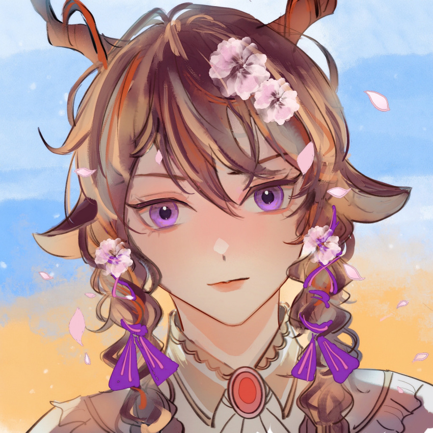 animal_ears arknights beach blue_sky braid brown_hair character_request check_character closed_mouth collared_shirt commentary_request day ebenholz_(arknights) flower hair_between_eyes hair_flower hair_ornament hair_ribbon highres honeywilde horns long_hair looking_at_viewer outdoors petals pink_flower portrait purple_eyes purple_ribbon ribbon sand shirt sky smile solo twin_braids upper_body water white_shirt