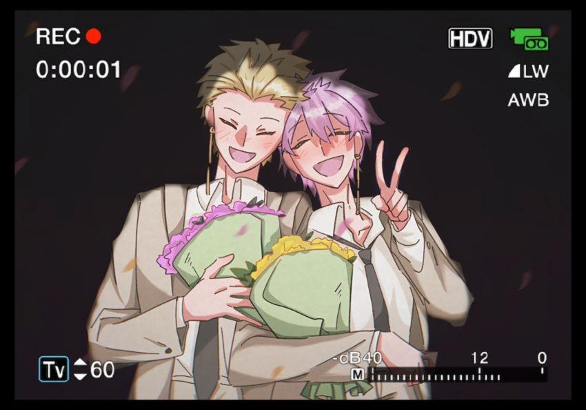 2boys amepliot blonde_hair bouquet brown_jacket brown_pants chinese_commentary closed_eyes collared_shirt commentary_request earrings grey_necktie hand_up highres holding holding_bouquet jacket jewelry male_focus multiple_boys necktie open_clothes open_jacket open_mouth pants recording rumeld_othmayer saibou_shinkyoku shirt short_hair single_earring smile theodore_riddle v wedding white_shirt yaoi