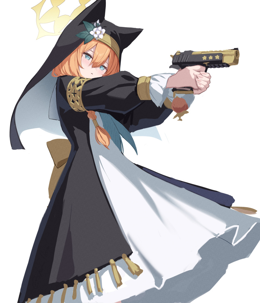 1girl absurdres animal_ear_headwear black_headwear blue_archive blue_eyes blush coif desert_eagle flower green_neckerchief gun habit hair_between_eyes halo handgun hat hat_flower highres holding holding_gun holding_weapon long_hair long_sleeves mari_(blue_archive) neckerchief nun orange_hair parted_lips puffy_long_sleeves puffy_sleeves simple_background solo takashima_shoa weapon white_background white_flower yellow_halo