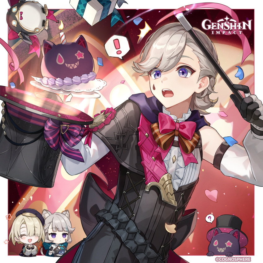 1girl 2boys ? ^_^ absurdres animal_ear_fluff animal_ears black_capelet black_gloves black_headwear blonde_hair bow bowtie box brother_and_sister candle capelet cat_ears chibi closed_eyes commentary detached_sleeves facial_mark freminet_(genshin_impact) genshin_impact gift gift_box gloves grey_hair hat highres holding holding_clothes holding_hat holding_wand lynette_(genshin_impact) lyney_(genshin_impact) multiple_boys official_art open_mouth pers_(genshin_impact) pink_bow pink_bowtie purple_eyes rosseland_(genshin_impact) shirt siblings single_bare_shoulder spoken_question_mark top_hat unworn_hat unworn_headwear upper_body wand white_shirt
