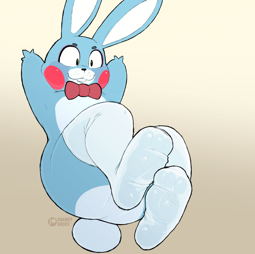 anthro blue_body blue_fur bonnie_(fnaf) bow_tie clothing feet five_nights_at_freddy's foot_focus footwear footwear_only fur hands_behind_head hi_res lagomorph legwear leporid male mammal mostly_nude rabbit red_cheeks scottgames sharkysocks short_tail socks socks_only solo stockings tail thigh_highs_only