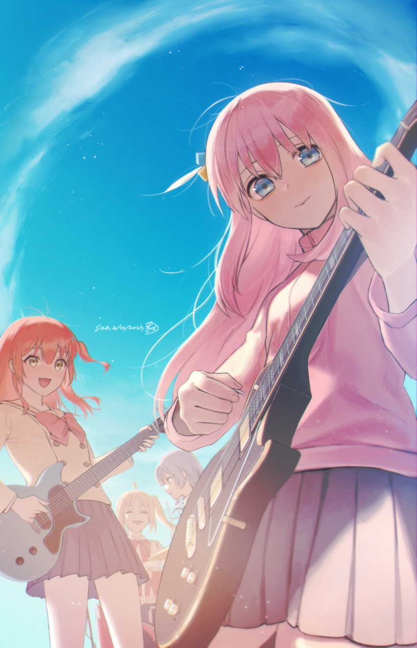 4girls blonde_hair blue_eyes blue_hair blush bocchi_the_rock! bow bowtie closed_eyes cube_hair_ornament day drumsticks electric_guitar frown gotoh_hitori guitar hair_ornament highres holding holding_guitar holding_instrument ijichi_nijika instrument jacket kita_ikuyo long_hair multiple_girls music one_side_up open_mouth orange_hair outdoors pink_hair playing_instrument pleated_skirt school_uniform short_hair side_ponytail skirt sky smile sua_lucid track_jacket very_long_hair yamada_ryo yellow_eyes