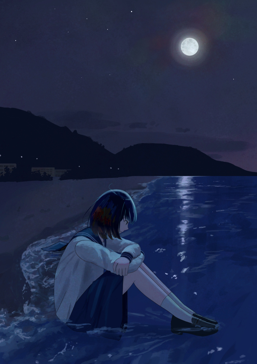 1girl arms_on_knees beach black_hair black_skirt blue_sailor_collar closed_mouth full_moon highres knees_up loafers long_sleeves moon moonlight mountain night ocean original profile reflection reflective_water sailor_collar school_uniform serafuku shoes shore short_hair shurock sitting skirt socks star_(sky) white_serafuku white_socks