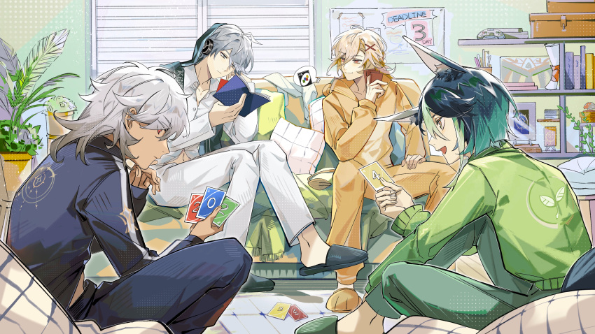 4boys absurdres alhaitham_(genshin_impact) animal_ears artist_request black_hair black_pants blonde_hair blue_shirt card closed_mouth cyno_(genshin_impact) dark-skinned_male dark_skin fox_boy fox_ears fox_tail genshin_impact green_hair green_pants grey_hair hair_between_eyes hair_ornament highres kaveh_(genshin_impact) long_hair long_sleeves male_focus midriff multicolored_hair multiple_boys navel open_mouth pants red_eyes shirt short_hair streaked_hair tail tighnari_(genshin_impact) uno_(game) white_hair white_pants white_shirt x_hair_ornament yellow_hood yellow_pants