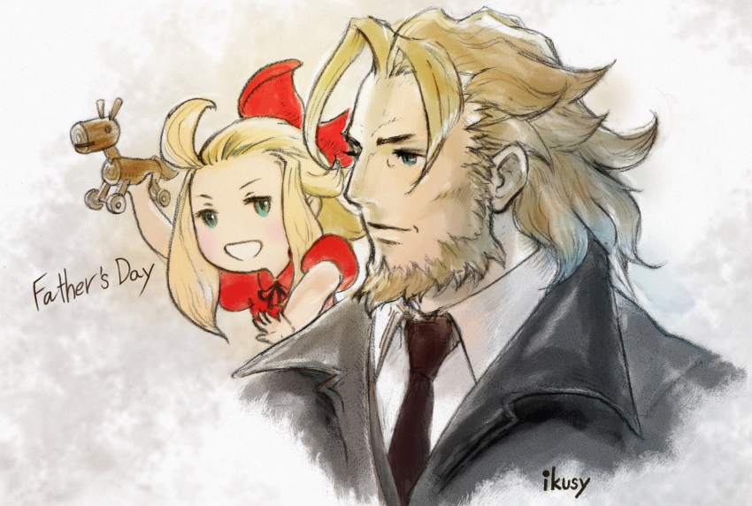 1boy 1girl beard black_suit blonde_hair blue_eyes bow brave_lee bravely_default:_flying_fairy bravely_default_(series) edea_lee facial_hair father's_day father_and_daughter formal hair_bow hair_ornament highres ikusy necktie official_art suit toy wooden_horse