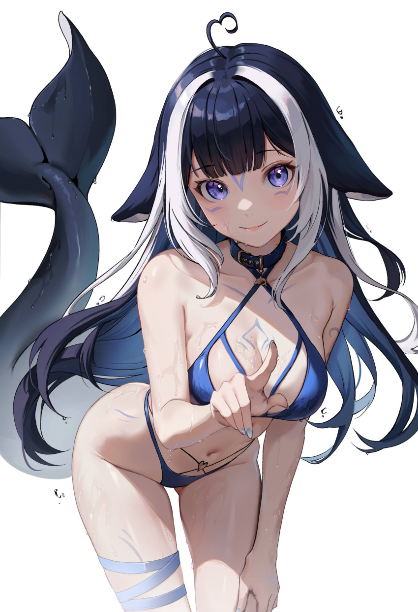 1girl absurdres ahoge bare_shoulders bikini blue_bikini blue_collar blue_eyes blue_hair blue_nails body_markings breasts cetacean_tail chest_tattoo cleavage closed_mouth collar commentary facial_tattoo fingernails fins fish_tail halterneck hand_on_own_knee heart heart_ahoge highres index_finger_raised indie_virtual_youtuber large_breasts leaning_forward long_hair looking_at_viewer mirei-yume multicolored_hair nail_polish navel orca_girl pointing pointing_at_viewer shylily shylily_(bikini) simple_background smile solo stomach streaked_hair swimsuit tail tattoo thigh_strap virtual_youtuber wet wet_clothes wet_face wet_swimsuit white_background white_hair