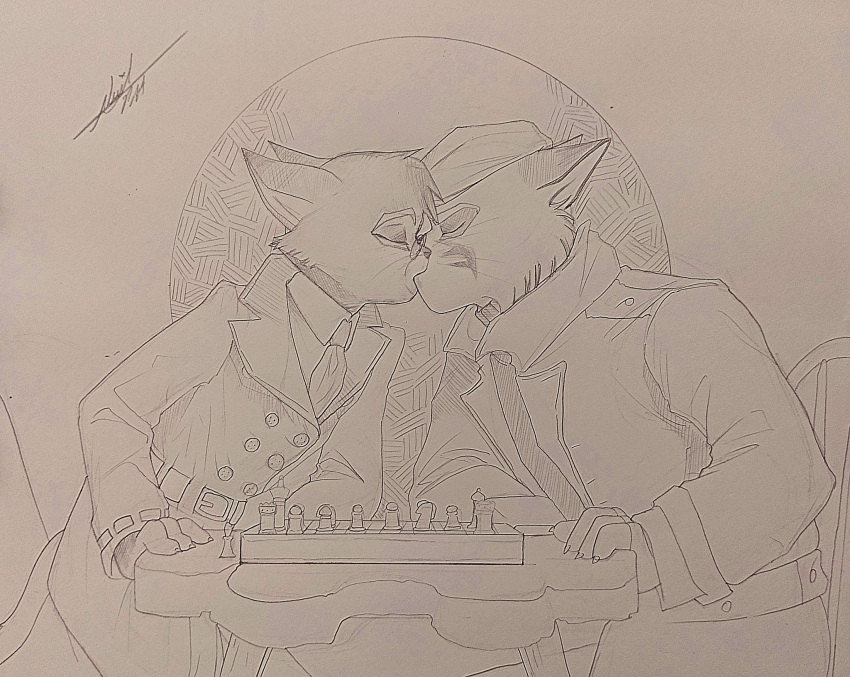 anthro cafeabril chess clothing domestic_cat dress_shirt duo eyes_closed felid feline felis gentleman hat headgear headwear hi_res kiss_on_lips kissing lackadaisy leaning leaning_forward love male male/male mammal mordecai_heller necktie parody passionate shirt shy topwear viktor_vasko webcomic