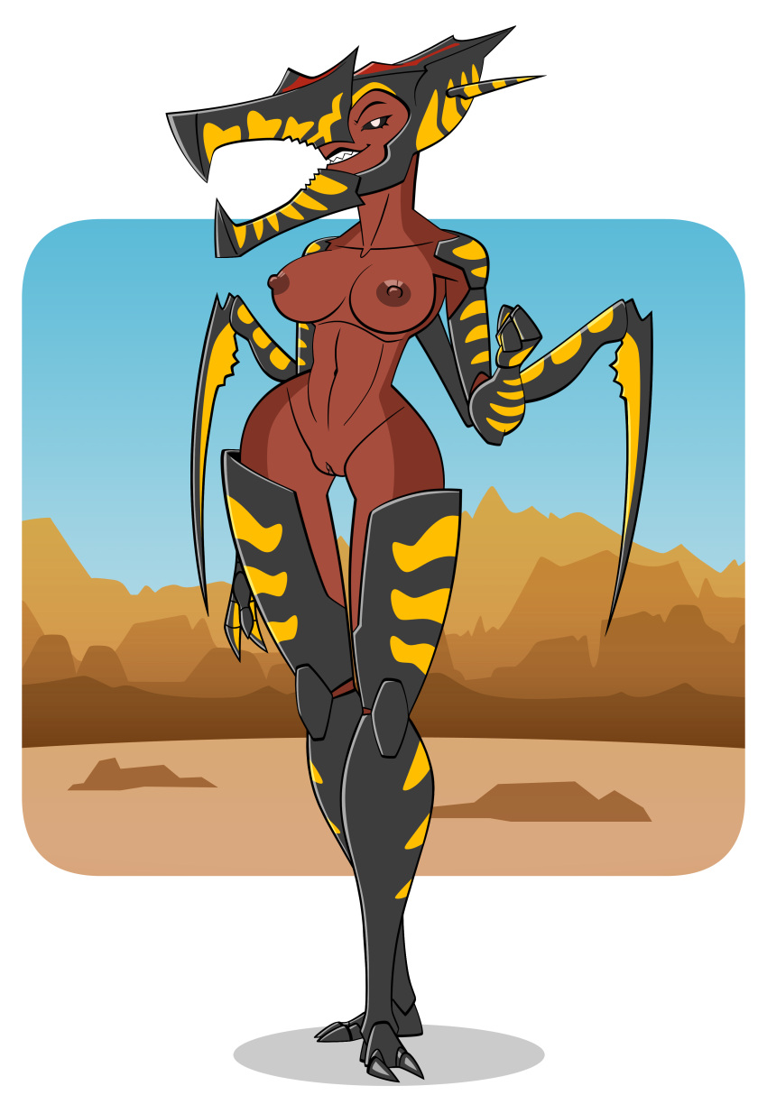 2_toes 3_fingers 6_limbs absurd_res anthro black_body black_exoskeleton breasts claws countershade_face countershade_neck countershade_torso countershading dark_sclera desert exoskeleton extraterrestrial feet female fingers fist genitals hi_res long_limbs looking_at_viewer mandibles markings nipples penny_prickles plantigrade pseudo_arachnid pussy red_body red_markings red_skin sharp_teeth simple_background slim smile solo standing starship_troopers stripes teeth toes warrior_bug white_background white_eyes yellow_body yellow_exoskeleton yellow_stripes zikka_arakni