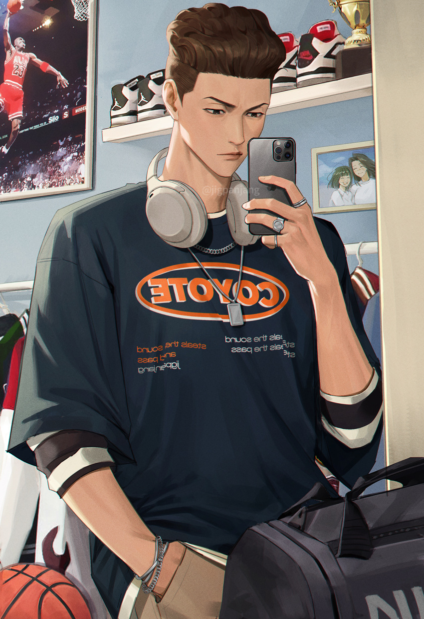 1boy bag ball basketball_(object) brown_hair casual hand_in_pocket headphones headphones_around_neck highres holding holding_phone jigpanjang looking_down male_focus mirror miyagi_ryouta phone pompadour selfie shoes slam_dunk_(series) solo