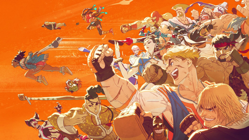 6+boys 6+girls a.k.i._(street_fighter) beard blanka cammy_white chinese_clothes chun-li club_(weapon) dark-skinned_female dark-skinned_male dark_skin dee_jay dhalsim dougi edmond_honda everyone facial_hair fighting_stance flying guile han_juri highres jamie_siu jp_(street_fighter) ken_masters kimberly_jackson lily_hawk luke_sullivan manon_legrand marisa_(street_fighter) midair multiple_boys multiple_girls muscular muscular_female muscular_male official_art pogamoggan poncho ryu_(street_fighter) scar smile street_fighter street_fighter_6 sunglasses weapon zangief