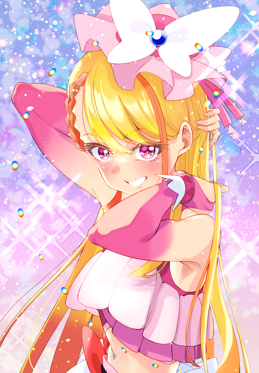 1girl absurdres arm_behind_head arms_up blonde_hair blush braid braided_bangs bridal_gauntlets butterfly_hat_ornament commentary_request cure_butterfly diffraction_spikes eyelashes gradient_background gradient_hair grin hair_ornament happy hat hat_ornament highres hijiri_ageha hirogaru_sky!_precure light_particles long_hair looking_at_viewer magical_girl midriff mob_cap mu-chu multicolored_hair navel orange_hair pink_eyes pink_headwear pink_shirt pink_tank_top precure shirt single_braid sleeveless sleeveless_shirt smile solo sparkle streaked_hair tank_top two-tone_hair very_long_hair