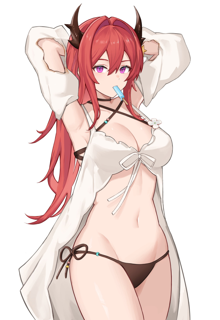 1girl absurdres arknights armpits arms_behind_head arms_up bikini black_bikini breasts burnt_clothes cleavage cowboy_shot criss-cross_halter detached_sleeves food food_in_mouth halterneck highres horns large_breasts long_hair looking_at_viewer mouth_hold navel official_alternate_costume popsicle popsicle_in_mouth purple_eyes rain_(rain8649) red_hair side-tie_bikini_bottom simple_background solo standing stomach surtr_(arknights) surtr_(colorful_wonderland)_(arknights) swimsuit swimsuit_cover-up very_long_hair white_background
