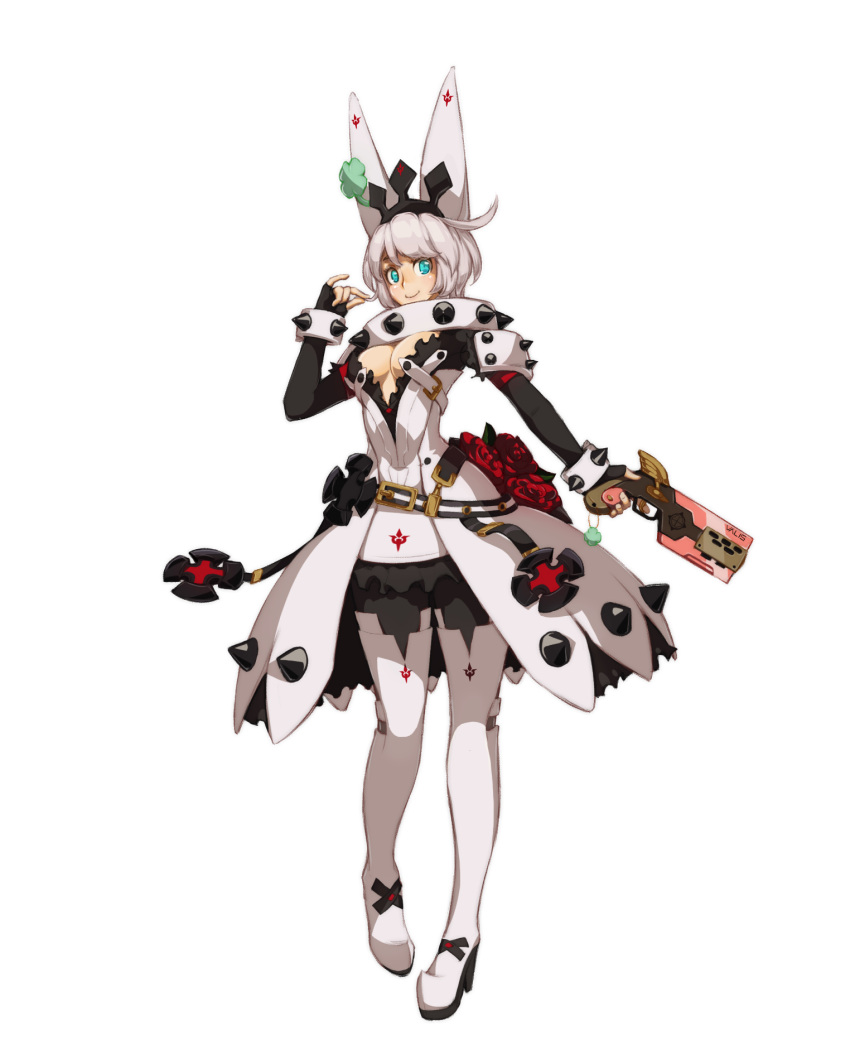 1girl black_pantyhose blue_eyes boots breasts cleavage closed_mouth collar elphelt_valentine flower full_body grey_hair guilty_gear gun hair_twirling hand_up handgun highres holding holding_gun holding_weapon looking_at_viewer medium_breasts pantyhose pepper0 red_flower red_rose rose short_hair shoulder_spikes simple_background smile solo spiked_collar spikes standing thigh_boots thighhighs weapon white_background white_footwear