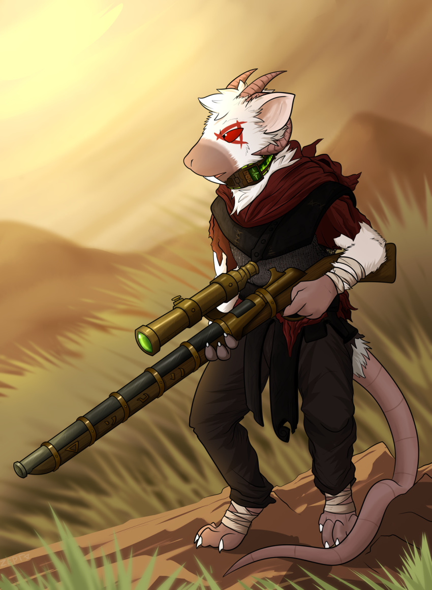 2019 4_fingers 4_toes captainzepto claws clothing collar day dazren_deadsnout_(dami_bhw) fangs fingers fur grass hi_res holding_object holding_weapon horn male mammal mountain ranged_weapon red_eyes rodent shadow simple_background skaven sky solo tan_background toes warhammer_(franchise) warhammer_fantasy weapon white_body white_fur