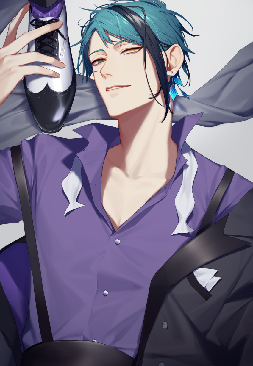 13_(bbr584607091) 1boy aqua_hair black_hair black_jacket bow bowtie collared_shirt earrings grey_background grey_scarf half-closed_eyes hand_up highres jacket jade_leech jewelry looking_at_viewer lying male_focus multicolored_hair on_back pocket_square purple_shirt scarf shirt shoes simple_background single_earring smile solo streaked_hair suspenders twisted_wonderland undone_bowtie upper_body white_bow white_bowtie