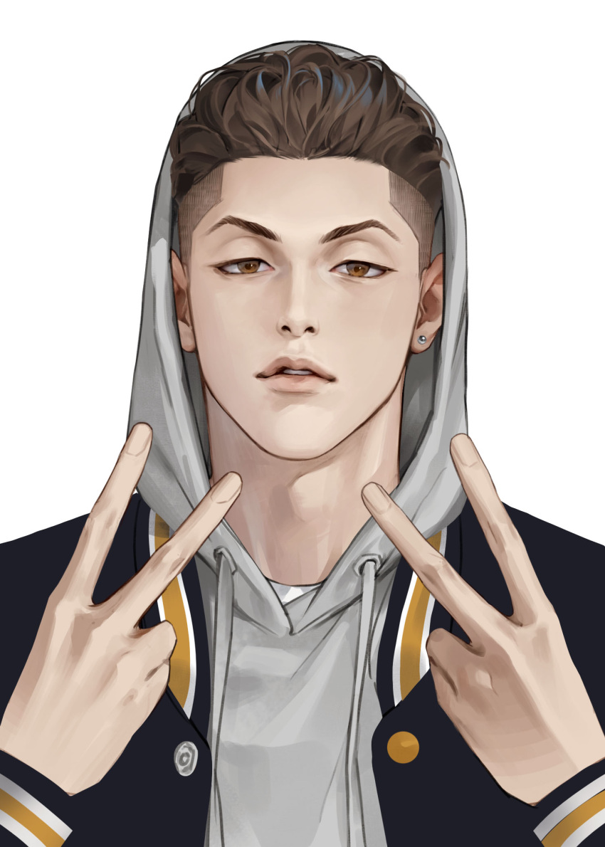 1boy brown_eyes brown_hair double_v earrings highres hood hood_up jacket jewelry letterman_jacket looking_at_viewer male_focus miyagi_ryouta nolja_cz parted_lips short_hair simple_background slam_dunk_(series) solo stud_earrings undercut upper_body v wavy_hair white_background