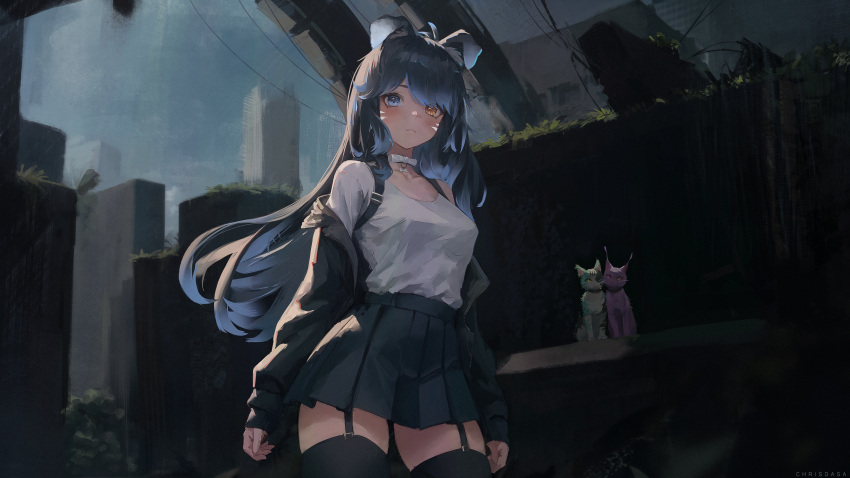 1girl absurdres animal animal_ears black_hair black_thighhighs blue_eyes chrisdasa commission facial_mark garter_straps gradient_hair heterochromia highres jacket long_hair multicolored_hair open_clothes open_jacket orange_eyes original pleated_skirt ruins skirt solo thighhighs whisker_markings