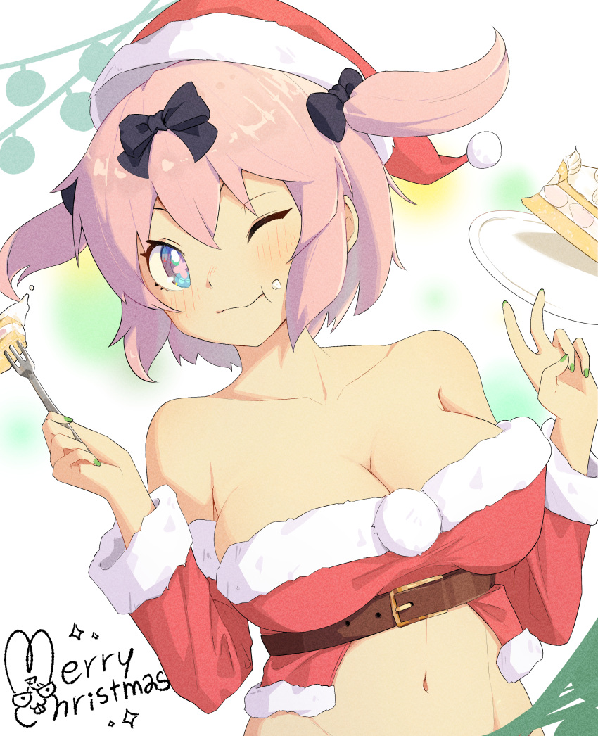 +_+ 1girl :t absurdres animal_ears armpit_crease belt blue_eyes blush bow breasts brown_belt cake cake_slice check_commentary chest_belt chewing chibi chibi_inset christmas christmas_ornaments cleavage closed_mouth collarbone commentary commentary_request eating emma_(3one3o) flower-shaped_pupils food food_on_face fork fur-trimmed_sleeves fur_trim green_nails groin hair_bow hat hibari_(senran_kagura) highres holding holding_food holding_fork icing kagan large_breasts linea_alba looking_at_viewer merry_christmas navel ninto_(senran_kagura) one_eye_closed pink_hair pink_pupils plate rabbit rabbit_ears santa_costume santa_hat senran_kagura senran_kagura_shoujo-tachi_no_shin'ei short_hair short_twintails smile solo symbol-shaped_pupils twintails underbust v whipped_cream