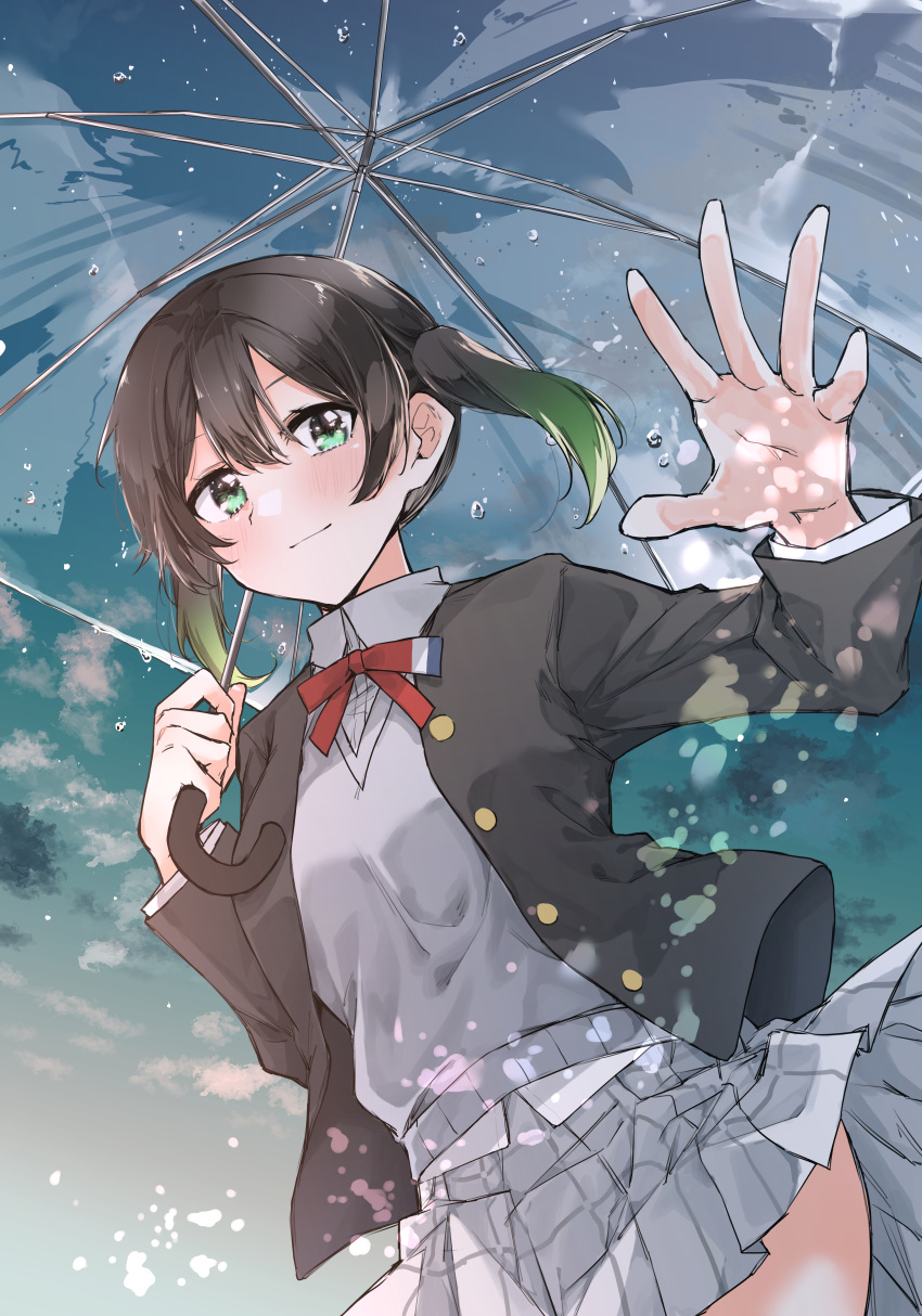 1girl absurdres black_hair black_jacket blush closed_mouth collared_shirt dutch_angle gradient_hair green_eyes green_hair grey_skirt grey_vest hair_between_eyes highres holding holding_umbrella jacket long_sleeves looking_at_viewer love_live! love_live!_nijigasaki_high_school_idol_club medium_hair multicolored_hair neck_ribbon nijigasaki_academy_school_uniform open_clothes open_jacket plaid plaid_skirt pleated_skirt red_ribbon ribbon scanning school_uniform shirt sidelocks skirt solo standing takasaki_yuu transparent transparent_umbrella twintails umbrella upper_body vest white_shirt winter_uniform