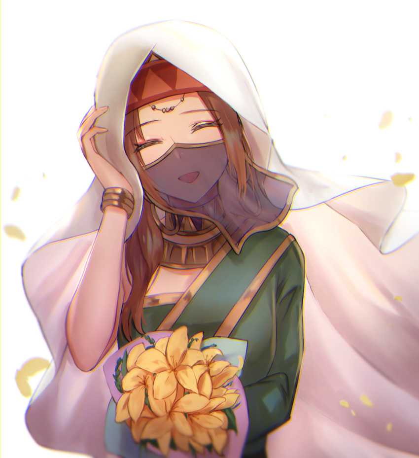 1girl :d bouquet bracelet brown_hair closed_eyes dolce_(dolsuke) facing_viewer fate/grand_order fate_(series) flower headband highres holding holding_bouquet jewelry long_hair open_mouth petals siduri_(fate/grand_order) simple_background smile solo upper_body veil white_background yellow_flower