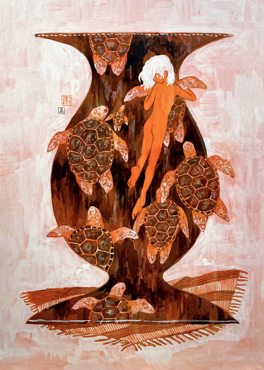 1girl animal artist_logo brown_background colored_skin completely_nude full_body highres looking_at_animal looking_back medium_hair nude orange_skin orange_theme original painting_(medium) sea_turtle solo traditional_media tsurikawa373 turtle vase white_eyes white_hair